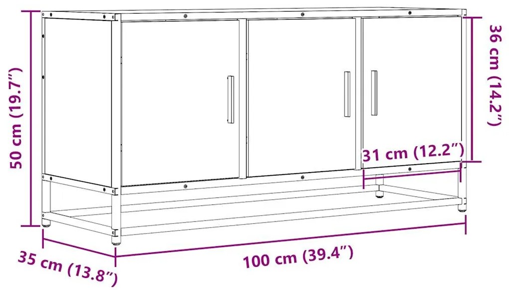 füstös tölgy színű szerelt fa és fém TV-szekrény 100x35x50 cm