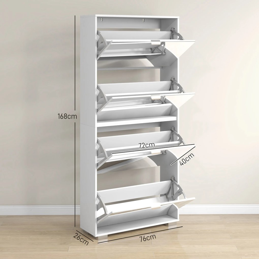 HOMCOM 2 az 1-ben Cipőszekrény Tükörfronttal, 4 Kihajtható Ajtóval, Állítható Polcokkal, Helytakarékos, 76L x 26W x 168H cm Fehér | Aosom