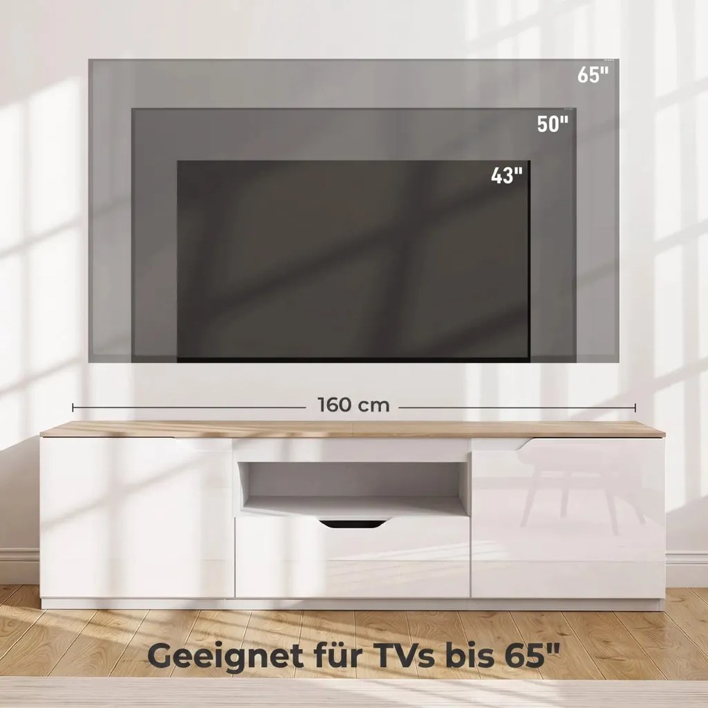 TV-szekrény, 160 x 38 x 43 cm akár 65"-os tévékhez, 3 rekesszel, fiókkal, natúr fa