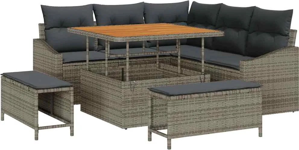 vidaXL Kerti Kanapé Szett párnával tárolóval 8 pcs Szürke Poli rattan