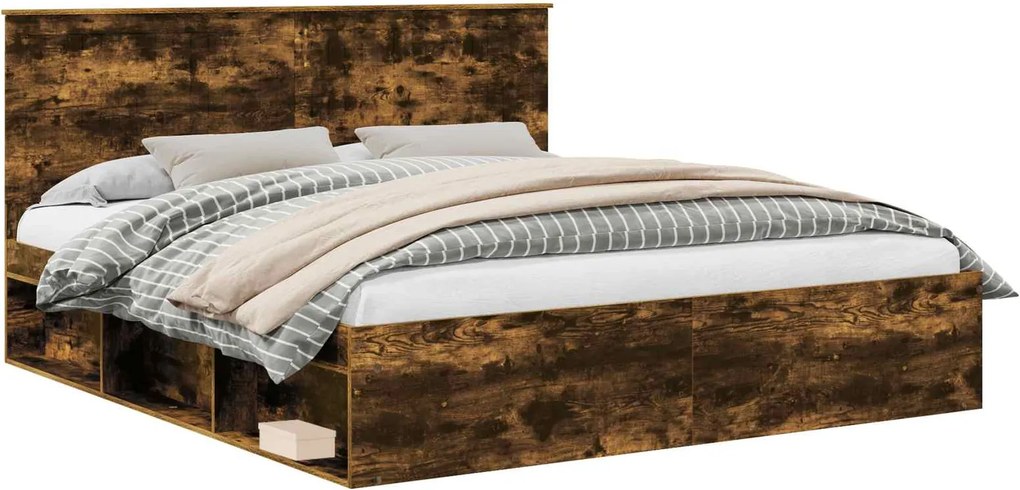 vidaXL Ágykeret fejtámlával Füstölt tölgy 180 x 200 cm Tömör fenyőfa
