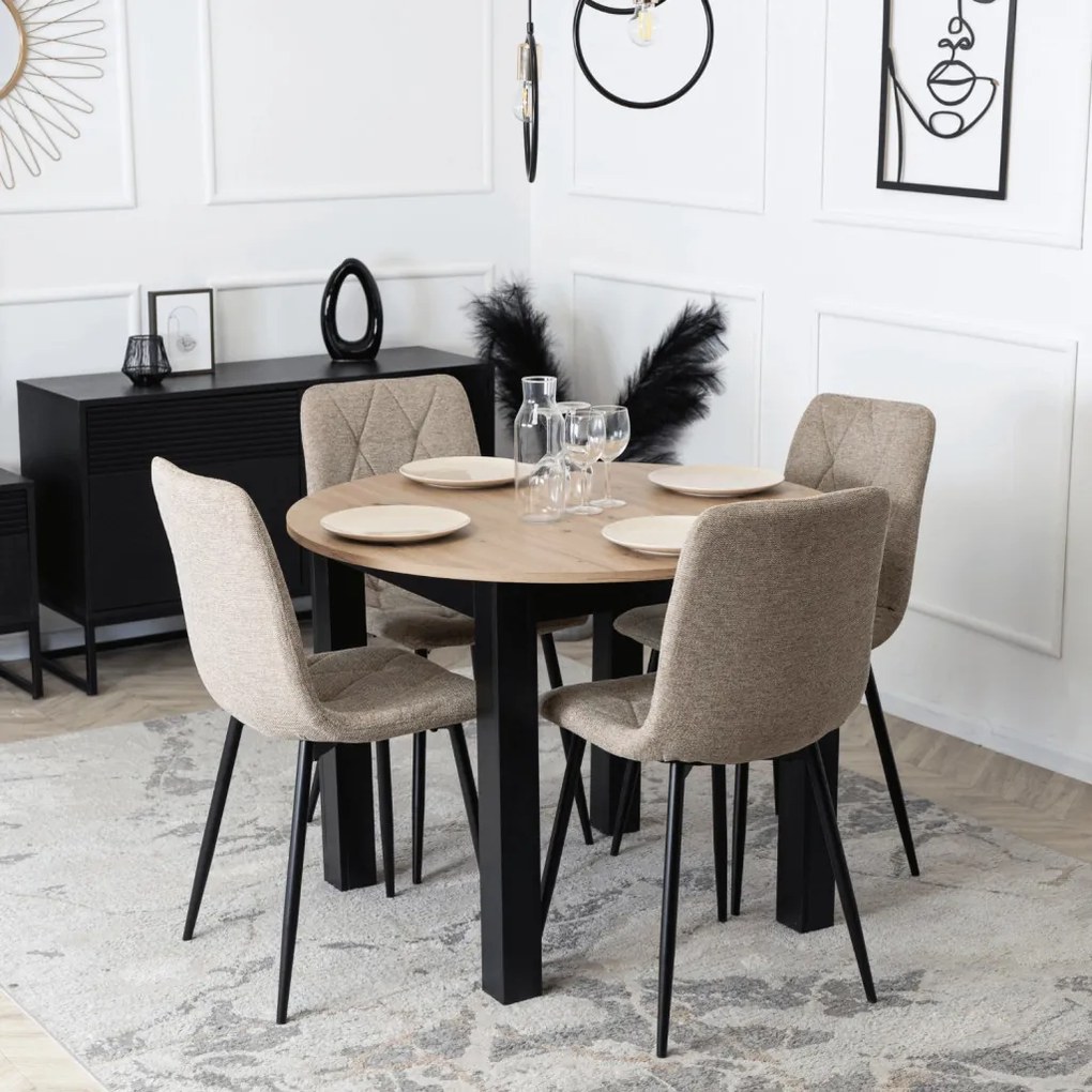 Étkezőszett HARRY asztal 102–142 cm artisan tölgy/fekete + 4 ROBIN 2 szék bézs