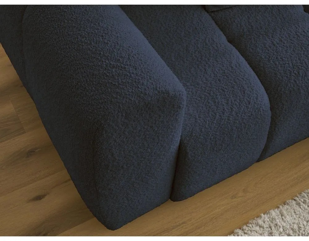 Kék buklé kinyitható-tárolóhelyes sarokkanapé (jobb oldali-heverő résszel) Roxelane – Bobochic Paris