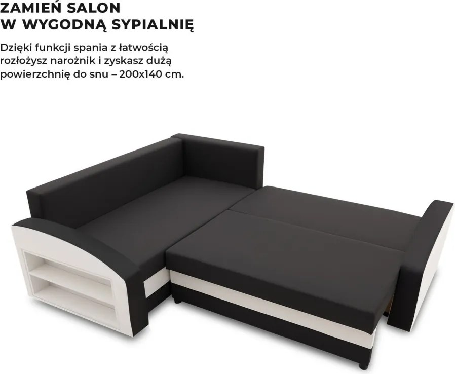 Grande sarokkanapé polcokkal , polc a bal karfaban, baloldali, szövet anyag, hab töltet, fekete - fehér