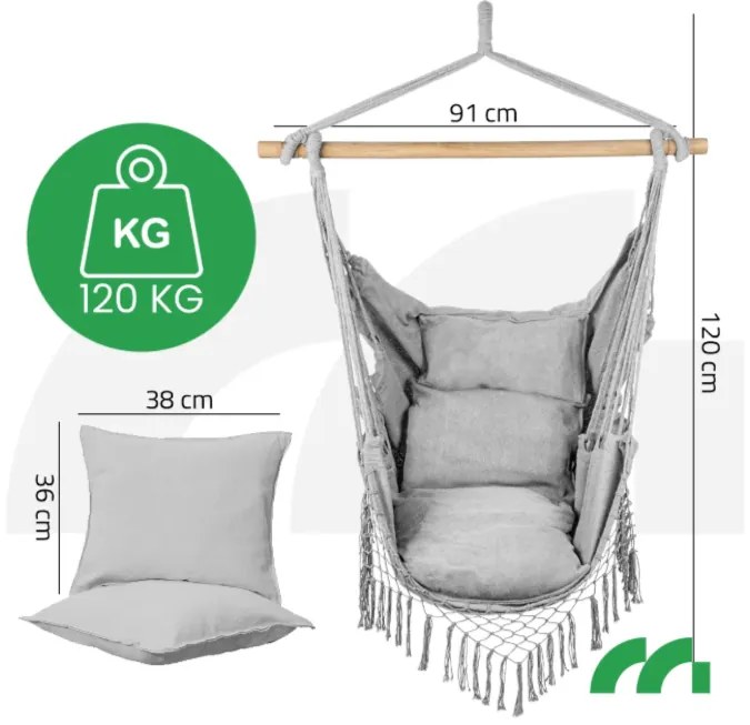 BRAZIL FÜGGŐ HINTASZÉK XXL VILÁGOS SZÜRKE + 2 DB PÁRNA
