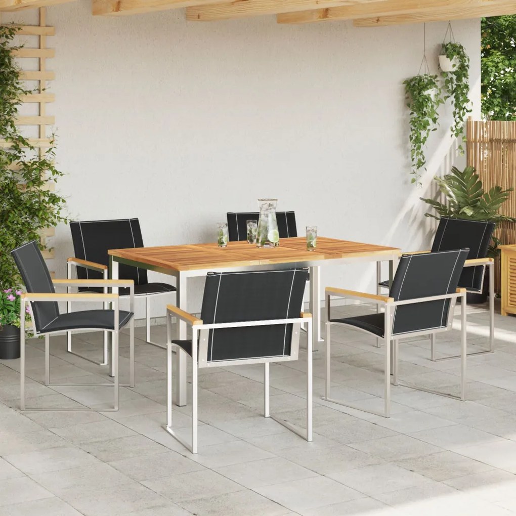 7 Darabos Kerti Étkezősor Tömör Akácfából, Kültéri Étkezőasztal 150x90x75 cm Tömör Akácfából