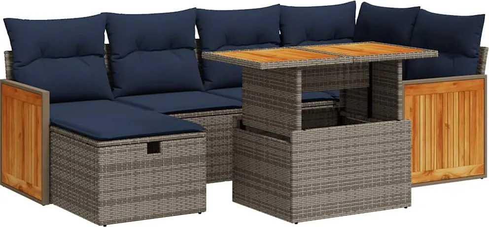 vidaXL 7 részes szürke polyrattan akácfa kerti ülőgarnitúra párnával