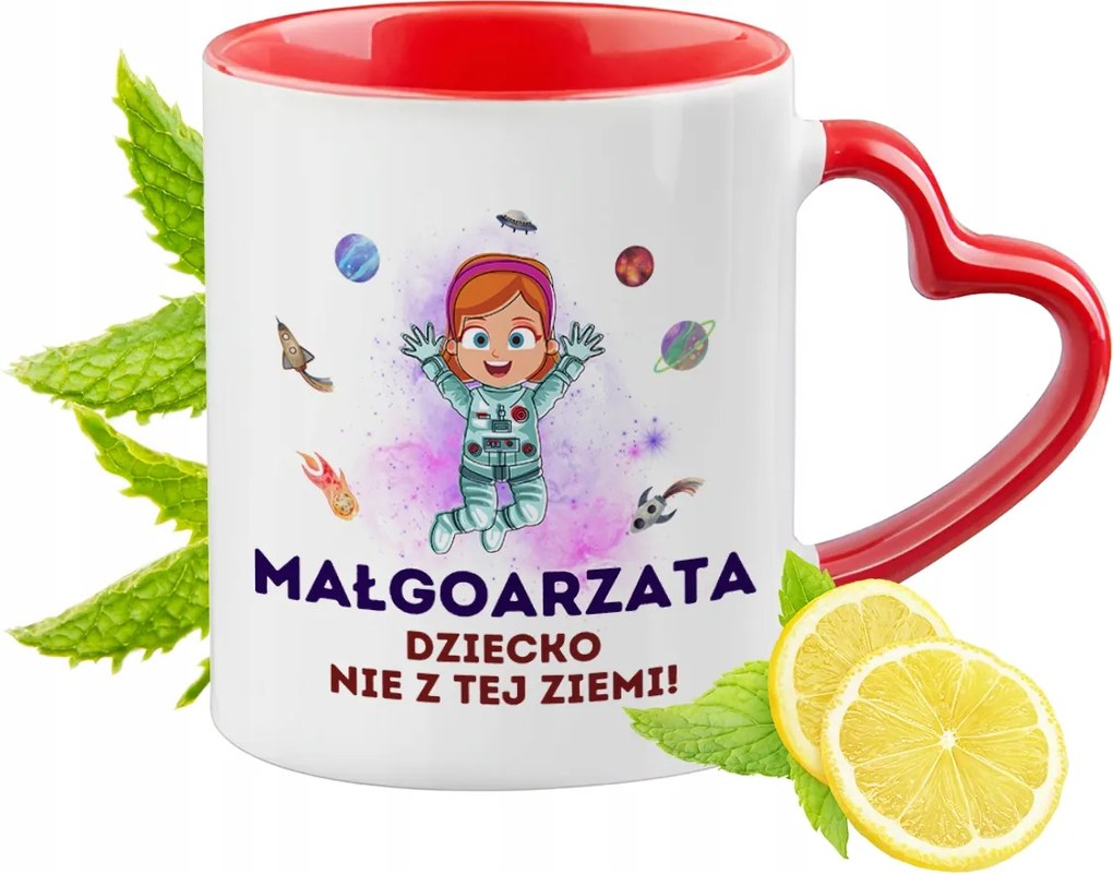 Piros bögre szív alakú füllel Margitnak Ajándék