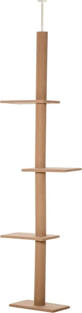 PawHut Mennyezetig Érő Kaparófa, 228-260 cm Magasságban Állítható Cica Fa, 3 Szinttel, Kutyás Kaparófa, Játszófa Mennyezettől a Padlóig Világos Barna