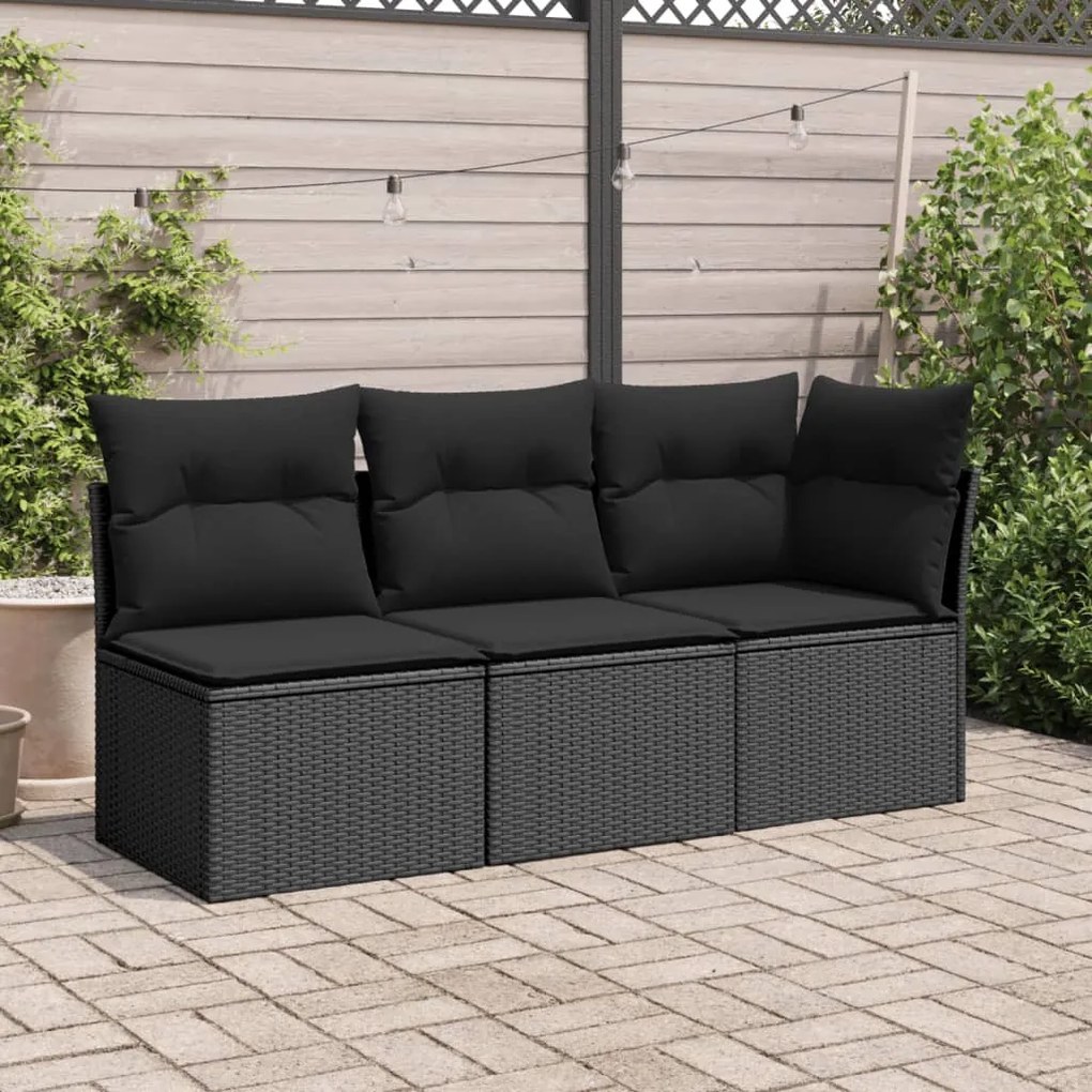 Fekete polyrattan karfa nélküli kerti kanapé párnával