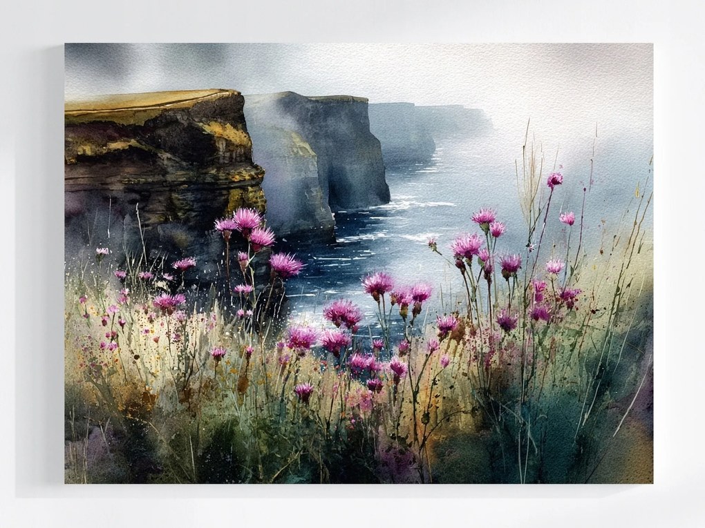 Vászonkép Canvas Tájkép Írország Mohair Sziklák Bogáncs Virágok 80x60