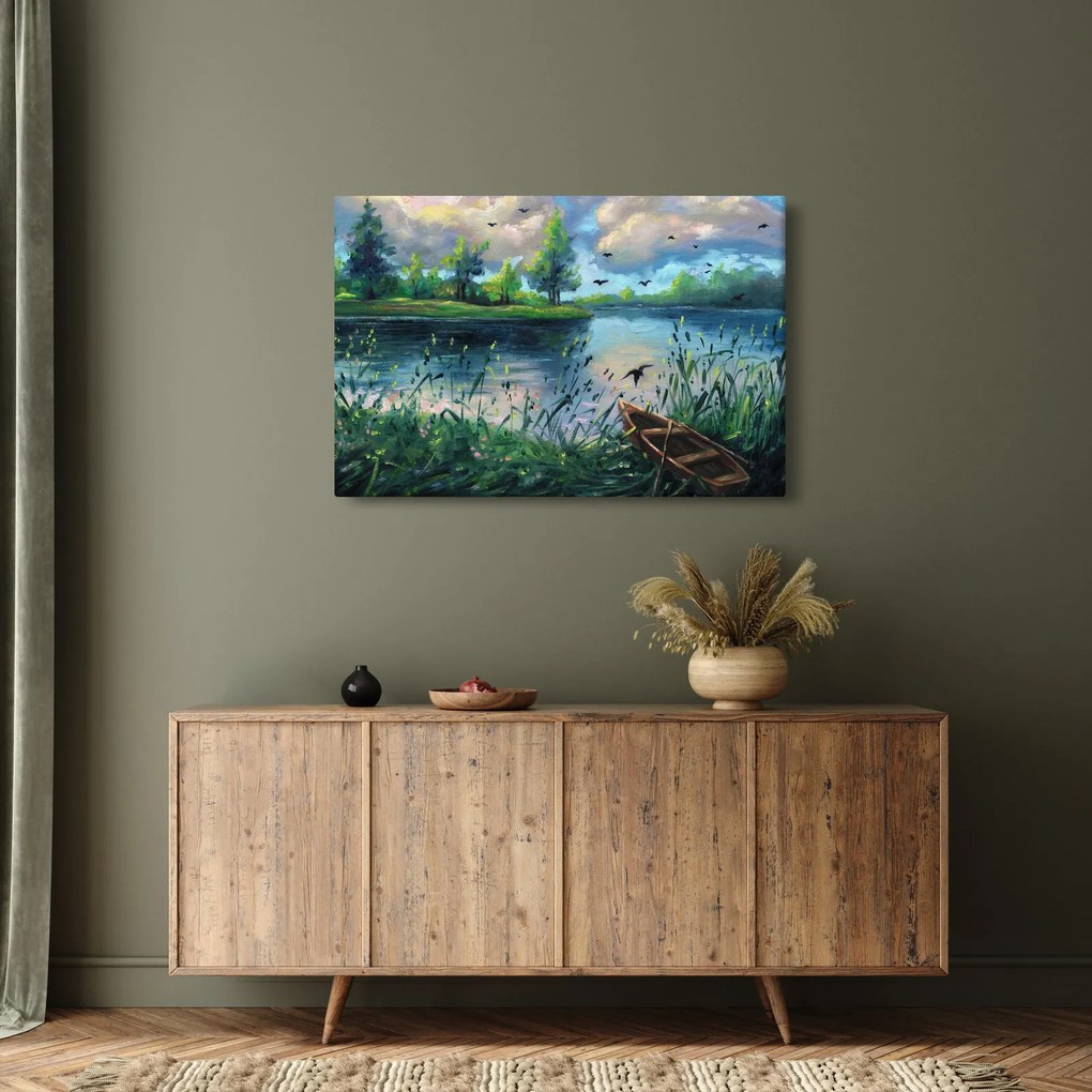 Kép - olajfestmény, Nyári este a tónál (90x60 cm)