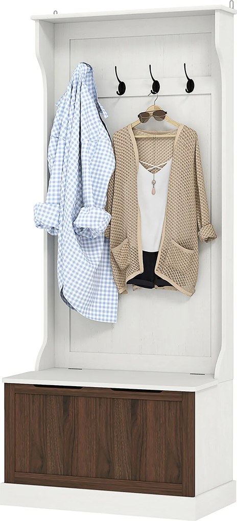 HOMCOM 3 az 1-ben Előszobai Akasztó Cipőtároló Paddal, Helytakarékos Padlóakasztó 4 Akasztóval és Tárolóval, MDF-ből, Előszobába, Hálószobába, 71.5x39