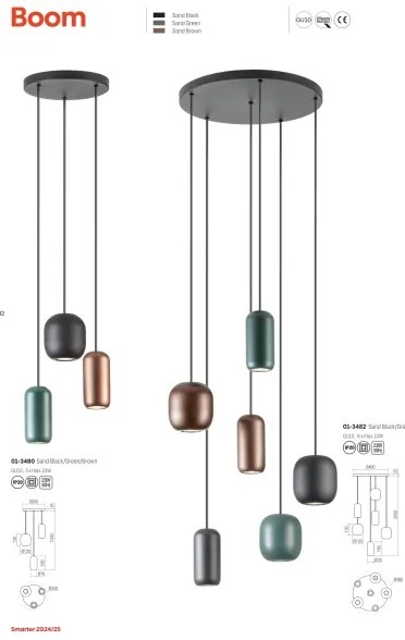 Redo 01-3480 - Csillár zsinóron BOOM 3xGU10/10W/230V átm. 33 cm fekete/zöld/barna