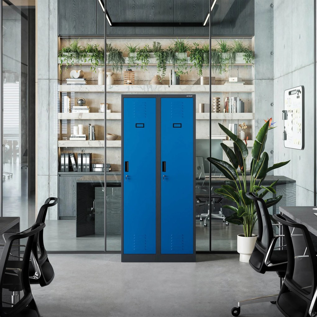 Pléh öltözőszekrény talpazaton, kétmodulos, polccal és köztes fallal KACPER, 800 x 1800 x 500 mm, antracit-kék