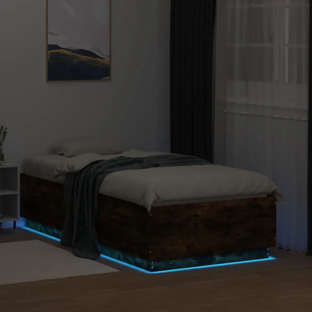 füstös tölgy színű szerelt fa ágykeret LED-del 90 x 190 cm