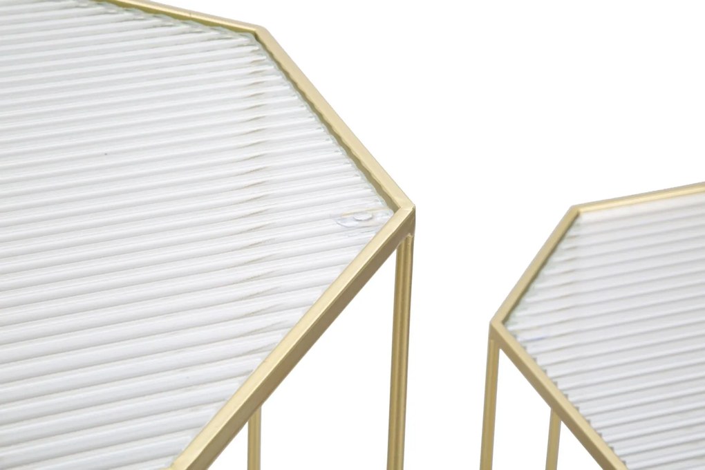 hatszögletű kisasztal készlet geometrikus vázzal és üveglappal – 2 db – aranyszínű