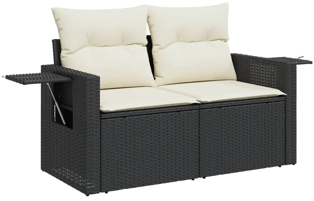 2 személyes fekete polyrattan kerti kanapé párnával
