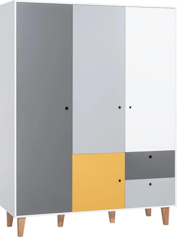 Concept fehér-szürke háromajtós ruhásszekrény sárga elemmel - Vox
