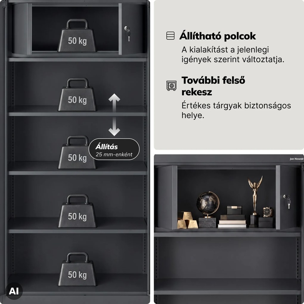 Fém iratszekrény belső rejtett rekesszel, antracit, 900x1850x450 mm: TOMASZ