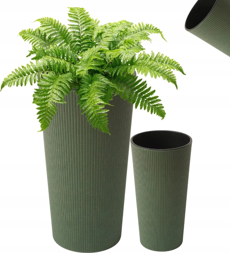 Magas Erdei Zöld Kaspó 46 Cm-es, Bordázott Betéttel