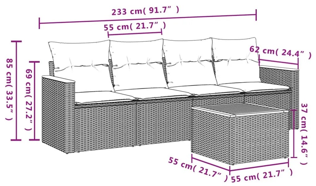 5 részes szürke polyrattan kerti ülőgarnitúra párnákkal