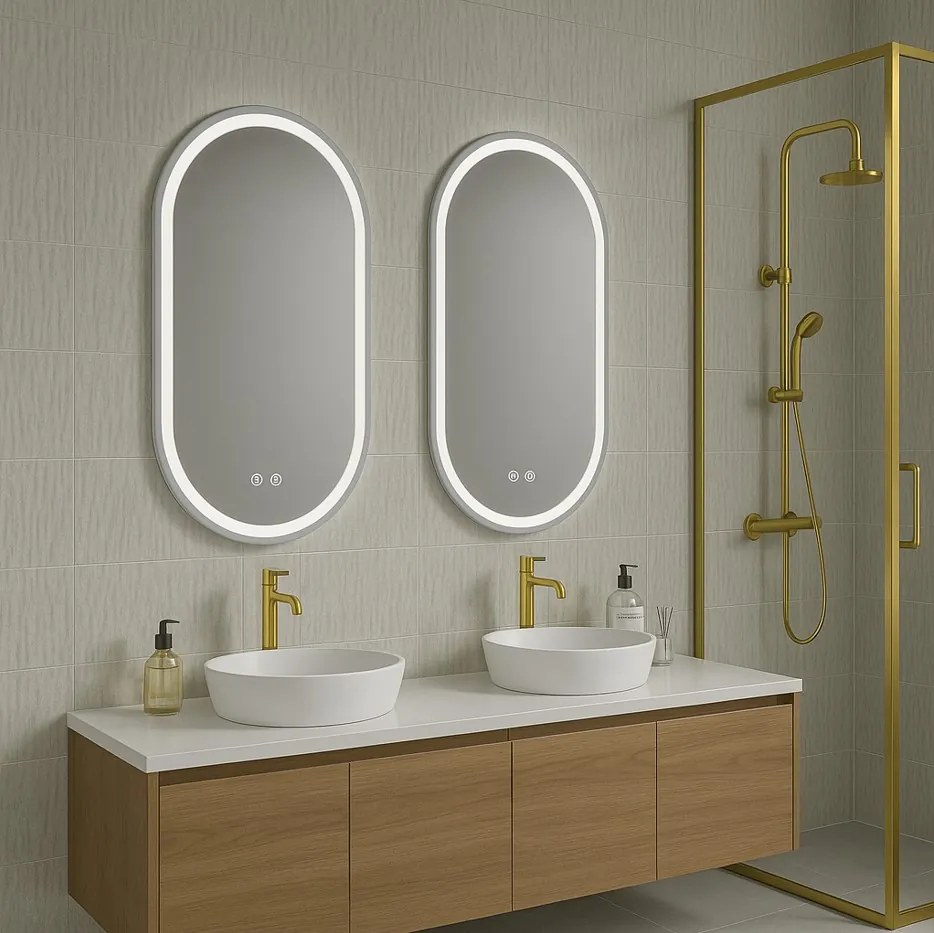 Erga Lyra, ovális LED-es tükör 60x90cm, 3 színű fény, első és hátsó világítás, páramentes fűtőbetét, ERG-V01-Lyra-6090-CL