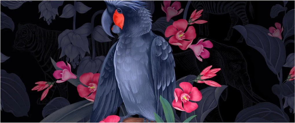 Kép - papagáj a virágok között (120x50 cm)