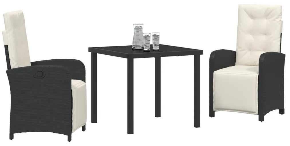 3 darabos kerti étkezősor párnákkal fekete poli rattan, kerti asztal fekete 80x80x73 cm edzett üveggel