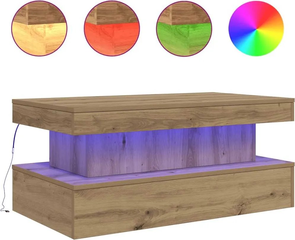 vidaXL kézműves tölgy színű dohányzóasztal LED-lámpákkal 90x50x40 cm