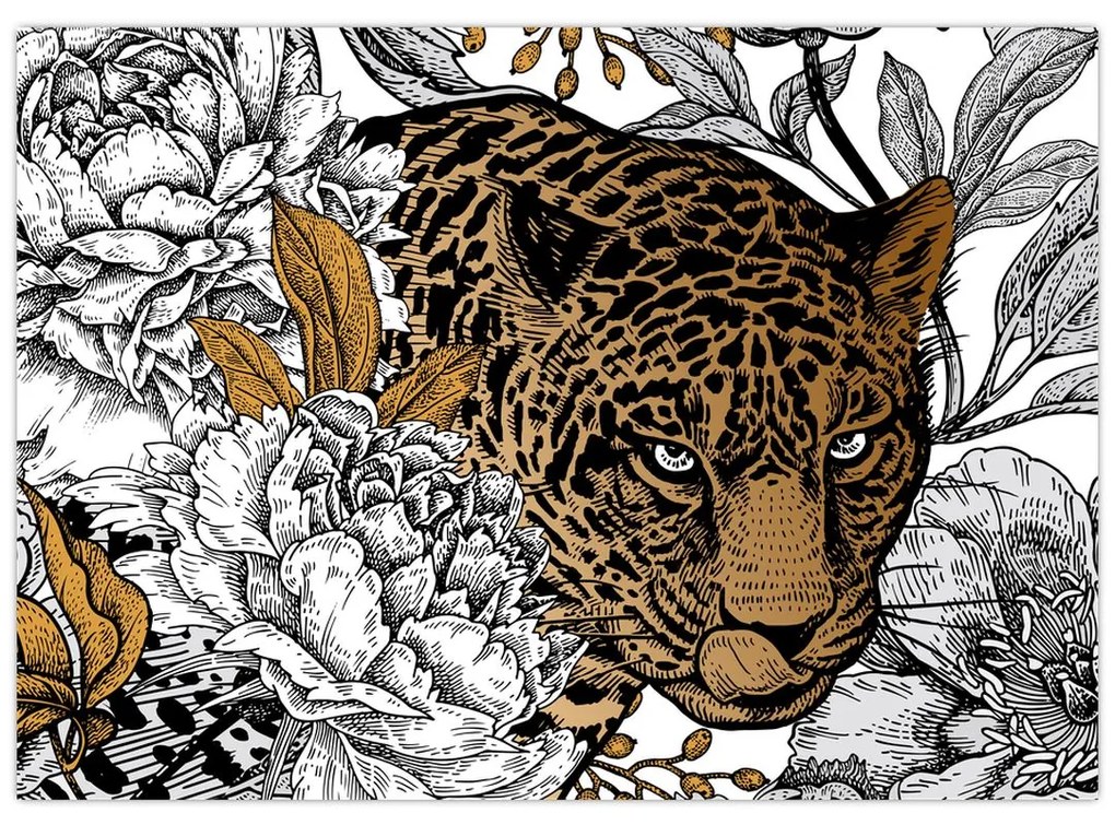 Kép - leopárd a virágok között (üvegen) (70x50 cm)