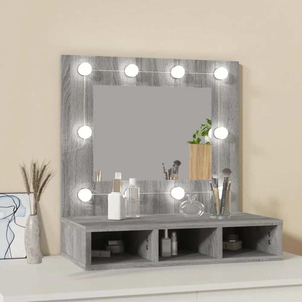 szürke sonoma színű tükrös szekrény LED-ekkel 60 x 31,5 x 62 cm