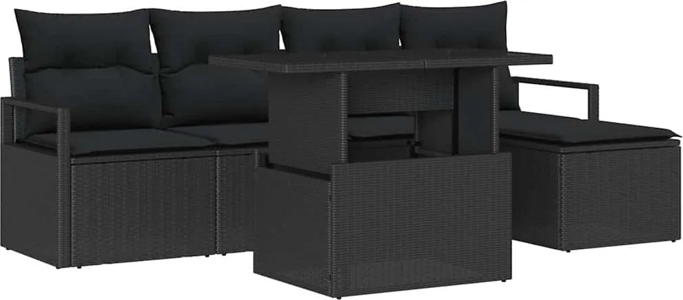 vidaXL Kerti Kanapé Szett tárolóval 6 pcs Fekete Poli rattan