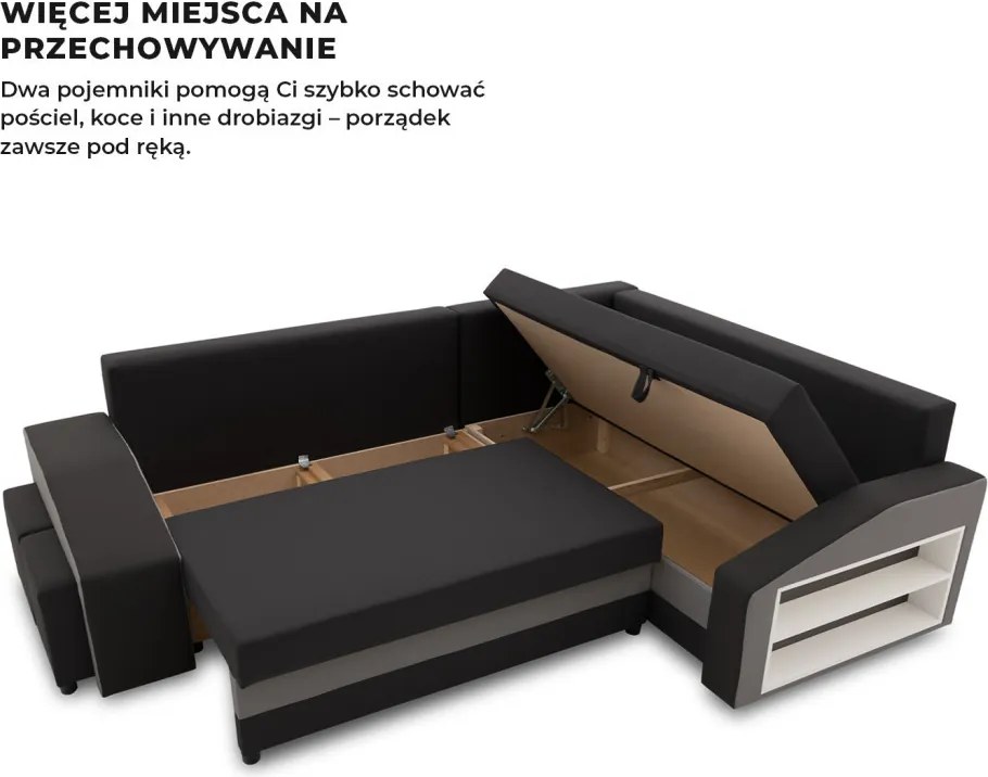 Grande sarokkanapé polcokkal és puffokkal , polc a jobb karfaban puffok a bal karfaban, jobboldali, szövet anyag, hab töltet, fekete - szürke