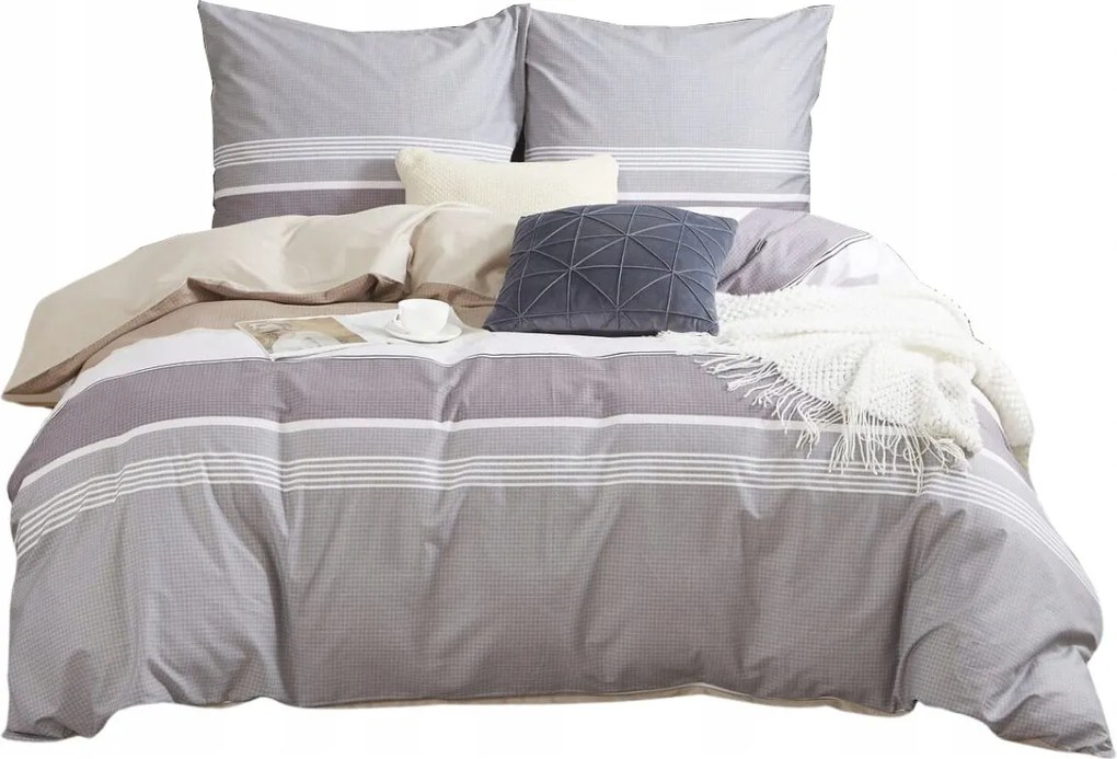 Pamut-szatén ágyneműhuzat 220x200 bézs szürke fehér csíkos