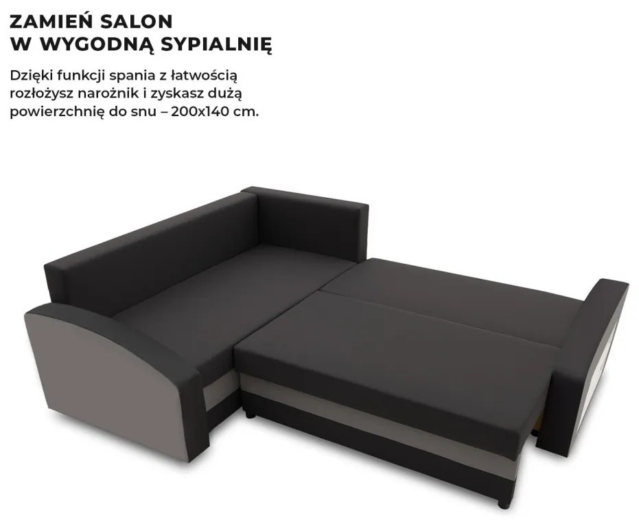 Grande sarokkanapé polcokkal , polc a jobb karfaban, baloldali, szövet anyag, bonell töltet, fekete - szürke