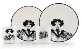 Elegáns 4 részes fekete-fehér porcelán étkészlet