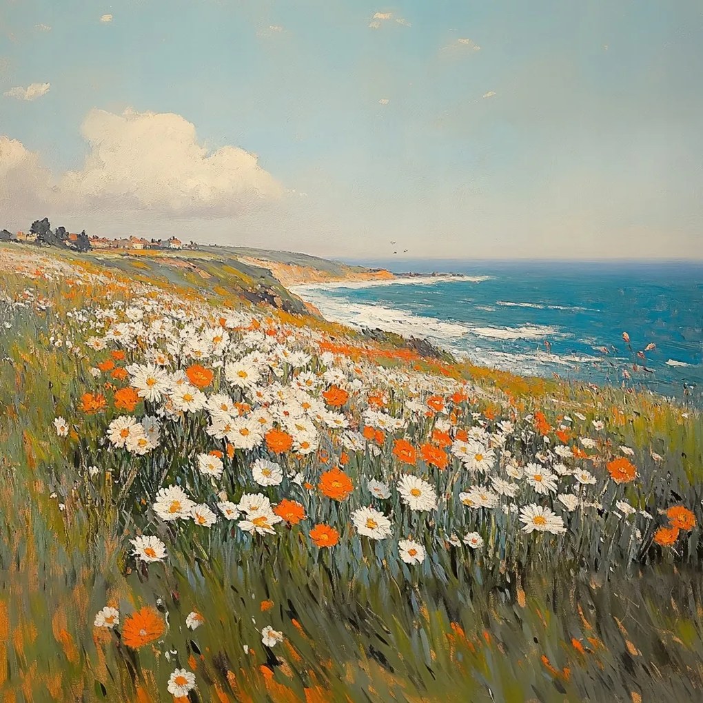 Vászonkép Canvas Tájkép Tenger Szikla Rét Virágok Pipacsok Margaréták 40x40