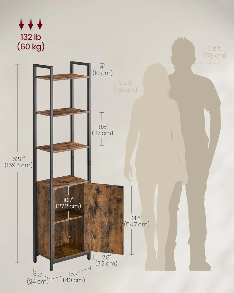 VASAGLE 6 szintes könyvespolc 24 × 40 × 159,5 cm, barna és fekete színben