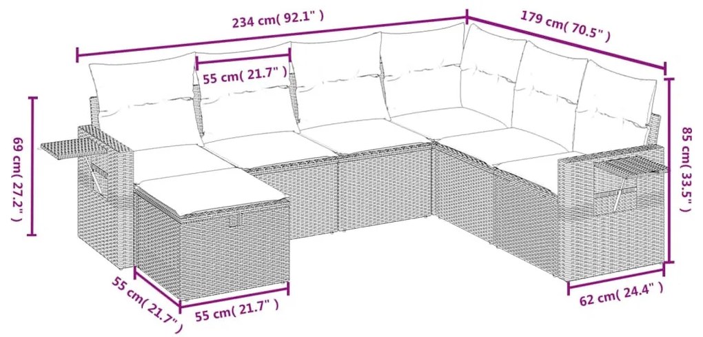 7 részes fekete polyrattan kerti ülőgarnitúra párnával