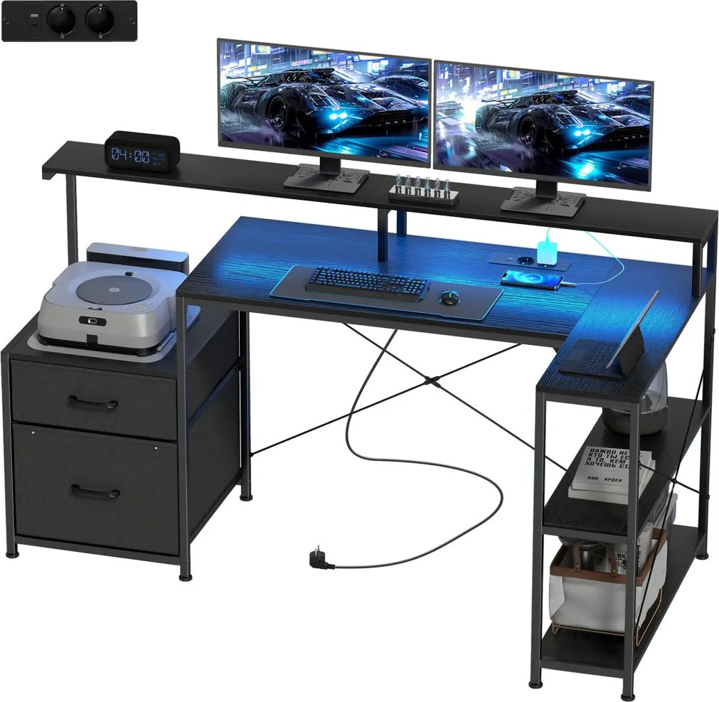 HOMCOM Gamer asztal LED-del és konnektorokkal, dupla monitoros állvánnyal, fekete