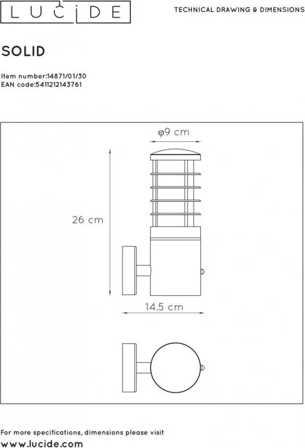 LUCIDE 14871-01-30 SOLID Modern Kültéri Fali Lámpa E27 IP54