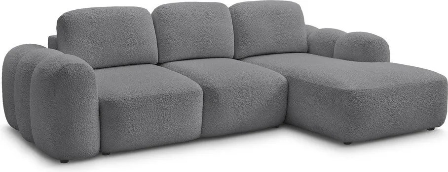 Szürke buklé kinyitható-tárolóhelyes sarokkanapé (jobb oldali-heverő résszel) Montaigne – Bobochic Paris
