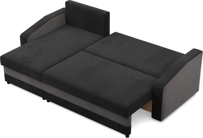 Hewlet sarokkanapé, 2 ágyneműtartóval, szövet anyag, univerzális oldal, hab töltet, fekete - szürke