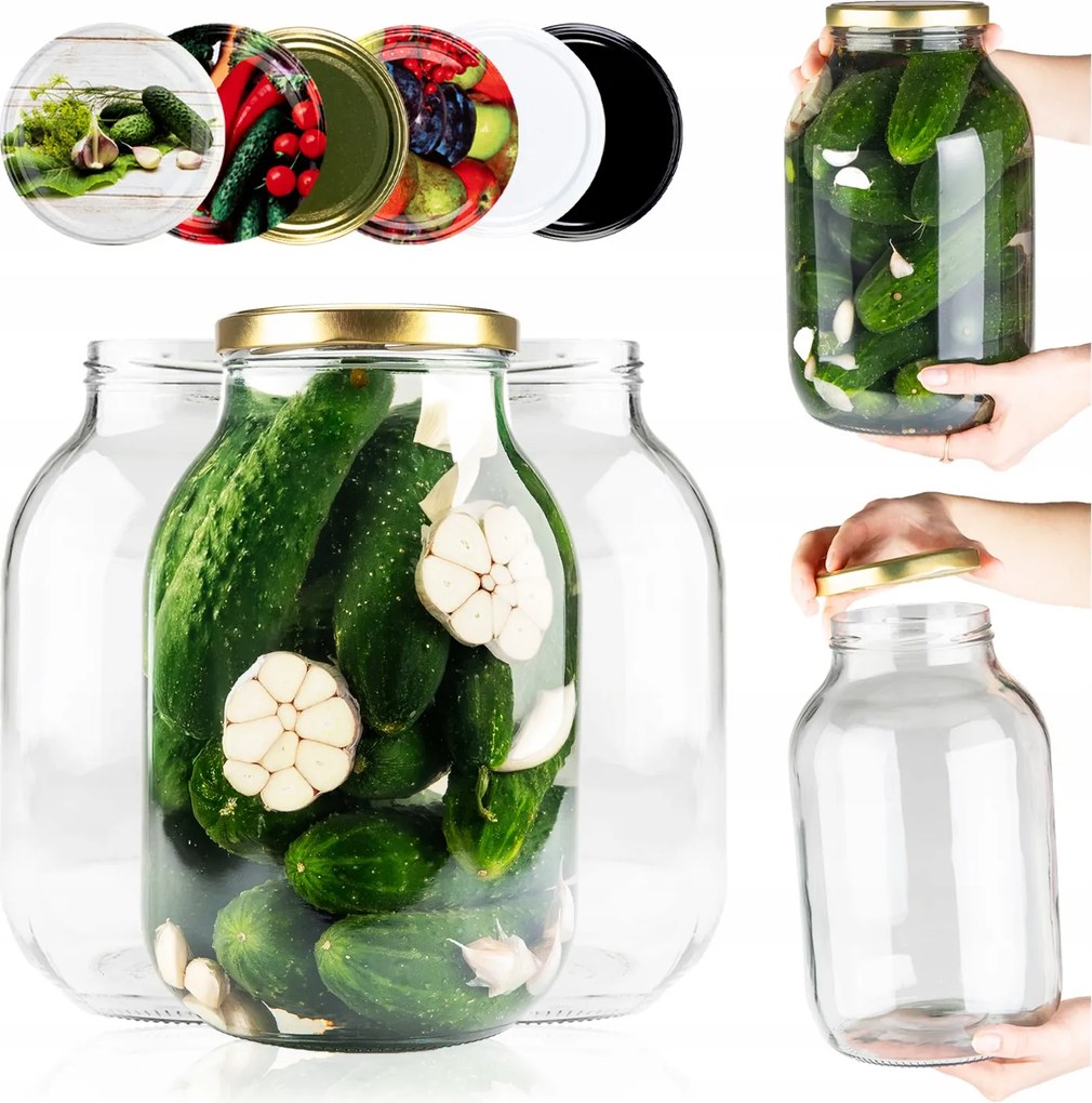 6x Befőttesüvegek Méz Tinktúra Savanyító Uborka Befőttesüveg 4L Kupakok