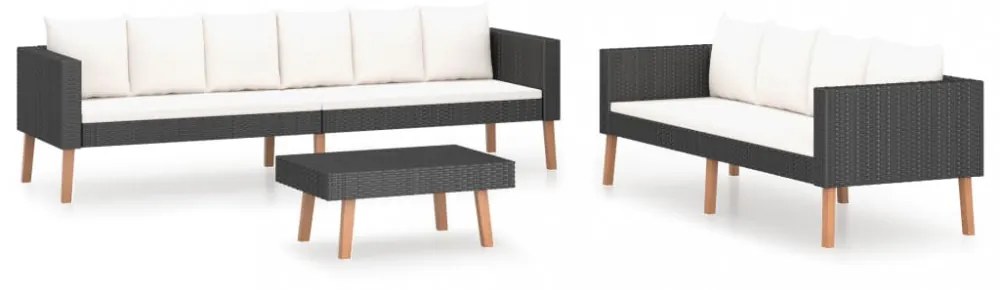3 részes fekete polyrattan kerti ülőgarnitúra párnákkal