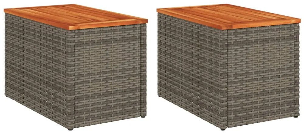 2 db szürke polyrattan és tömör fa kerti kisasztal 55x34x37 cm