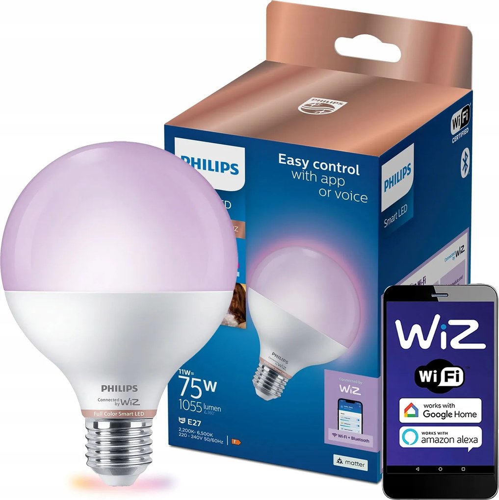 Led izzó E27 G95 11W 75W 2200-6500K Rgb Smart WiFi Philips WiZ