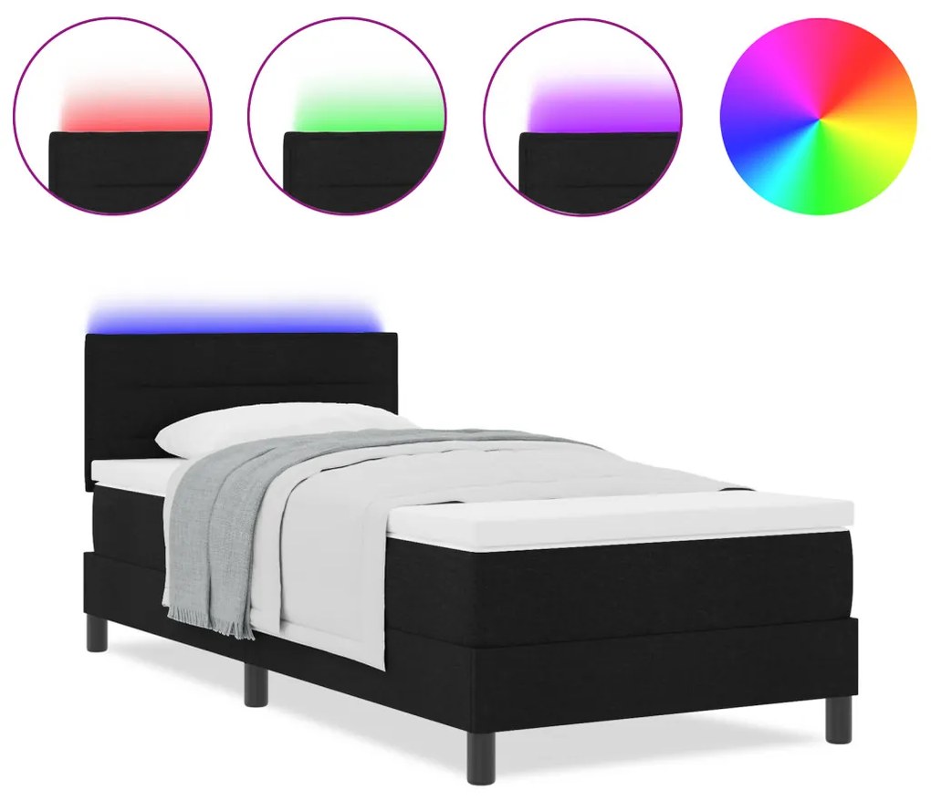 Boxspring Ágy Mattal & LED Fekete 90x200 cm Szövet