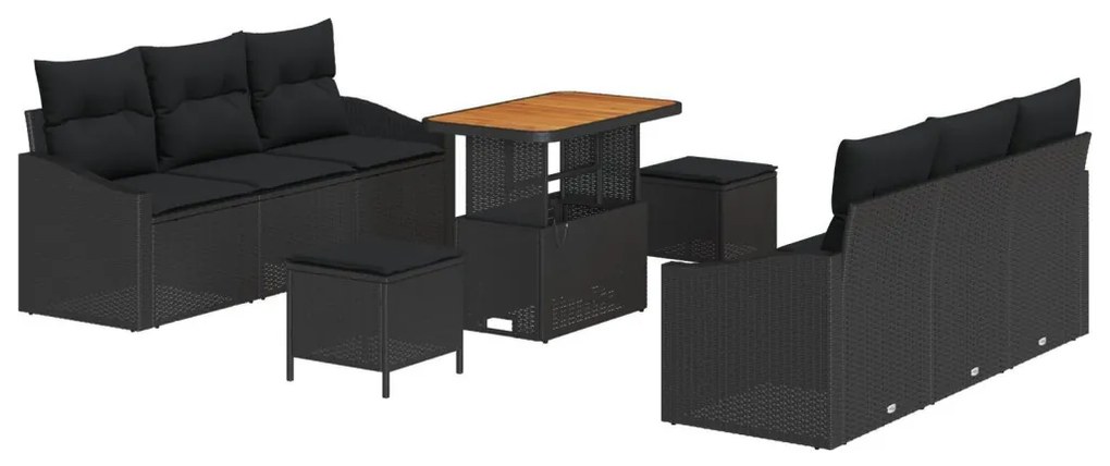 9 Darabos Kerti Szófa Szett Párnákkal Fekete Poli Rattan Akác, 2 Személyes Kerti Szófa Párnákkal Fekete Poli Rattan, 3 Darabos Kerti Étkező Szett Párnákkal Fekete Poli Rattan Akác